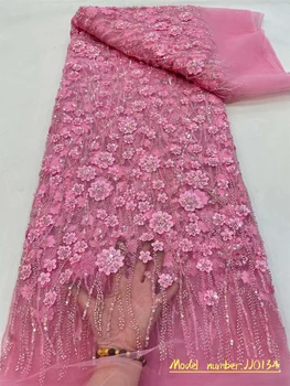 2023 Африканская Розовая кружевная ткань ручной работы из бисера, Французская Роскошная аппликация, Блестки, Жемчужная кружевная ткань для свадебного платья Невесты
