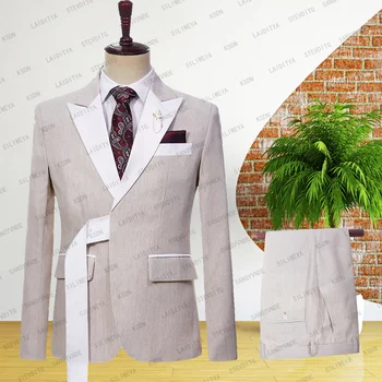 2023 Блейзер, мужской костюм, куртка цвета хаки с белой вырезкой, галстук-бабочка, Белый пояс, официальное деловое пальто, комплект из 2 предметов (куртка + брюки)