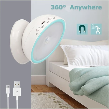 360 ° Светодиодный ночник USB Перезаряжаемый с настенным светильником PIR для внутреннего гардероба, Спальни, кухонного шкафа, освещения лестницы