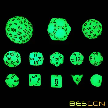 Bescon Супер светящийся в темноте Полный многогранный набор кубиков для игры в ролевые игры 13шт D3-D100, Светящийся набор кубиков со 100 сторонами