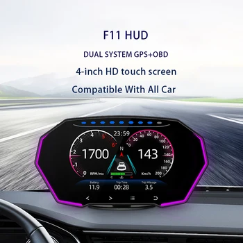 GEYIREN F11 4-дюймовый Головной Дисплей Двойная Система OBD2 GPS Автомобильный Датчик HUD Сенсорный Экран Охранная Сигнализация Превышение скорости, Температура воды и масла, обороты в минуту