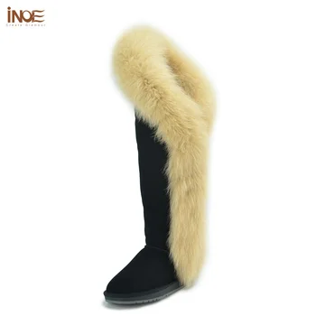 INOE Модный лисий мех, Австралийская овчина, женские высокие зимние ботинки выше колена, черная теплая обувь на шерстяной подкладке