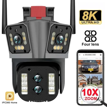 IPC360 Home App 16MP 8K Камера Безопасности с 4 Объективами, 10-кратным Зумом, 3 Экрана, WiFi PTZ-Камера, Двухстороннее аудио, Автоматическое Отслеживание, Цветное Ночное Видение