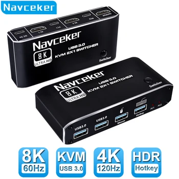 Navceker 8K KVM-коммутатор HDMI-совместимый 4K 120Hz 2-Портовый HD KVM-коммутатор USB для общего монитора Клавиатуры и мыши Принтера ПК