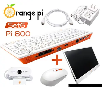 Orange Pi 800 + Блок питания 5V4A Type-C + Беспроводная мышь + Кабель HDMI + HD-камера + 14-дюймовый монитор, Комплект портативной игровой клавиатуры для мини-ПК