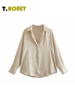 TELLHONEY, женская модная однобортная рубашка с V-образным вырезом, женские повседневные атласные Свободные блузки с длинными рукавами