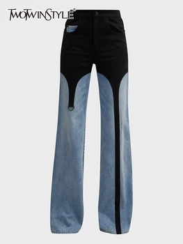 TWOTWINSTYLE, Хитовый цвет, Шикарные джинсы Для женщин, высокая талия, Нерегулярные Прямые брюки длиной до пола, женская модная одежда