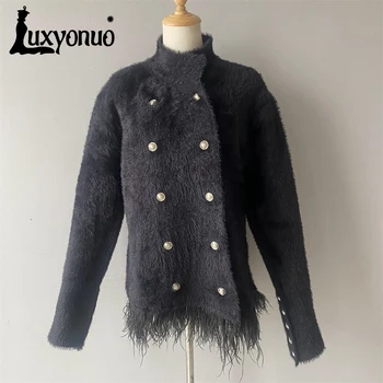 Весенний кардиган Luxyouno для женщин, пальто с подолом из перьев в стиле пэчворк, женские длинные рукава, воротник-стойка, Однотонная супер мягкая куртка