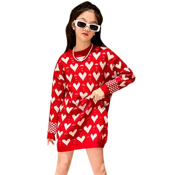 Вязаный Длинный свитер для маленьких девочек с рисунком принцессы в виде сердца, Новая одежда, Осеннее платье-свитер для детей 5-14 лет, костюмы