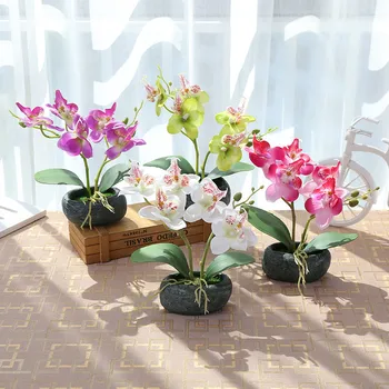 Двойная бабочка, орхидея в горшке, искусственный Шелковый цветок Бонсай, Цементный цветочный горшок, Свадебная вечеринка, Декор для дома и сада