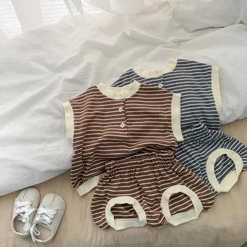 Детская рубашка без рукавов в полоску, мужской летний женский комплект сокровищ, комплект из двух предметов