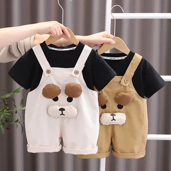 Детский комбинезон с короткими рукавами, новинка 2023 года, футболка с рисунком младенца, Комбинезон, костюм для маленького мальчика из двух предметов в корейском стиле