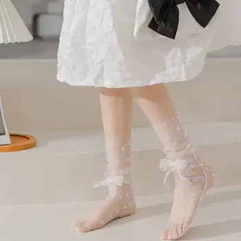 Дышащие японские носки с Цветком Каваи Лолиты JK, Женские носки с Бантом, Носки средней длины, Шелковые Чулочно-носочные изделия