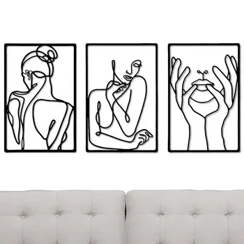 Женская линия тела; Арт из 3 предметов; Минималистичный металлический абстрактный женский рисунок на стене; Рисунок женского силуэта; Рисунок женской линии печати на стене