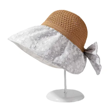 Женская Солнцезащитная шляпа Для девочек, Складная, с закатанными широкими полями, с бантом, Летняя Пляжная соломенная кепка с козырьком, Бесплатная доставка