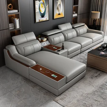 Кожаный диван комбинированный простой современный функциональный диван для гостиной, Большой семейный L-образный угловой кожаный диван