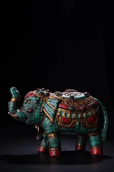 Коллекция Тибетского храма 8 дюймов, старинный бронзовый контур, золотая мозаика, драгоценный камень, статуя слона, Тайпинский зал поклонения слону, собирающему удачу