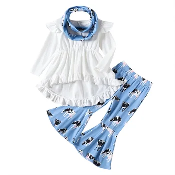 Комплект брюк для девочек, повседневная рубашка с летящими рукавами и принтом коровы, расклешенные брюки, повязка на голову