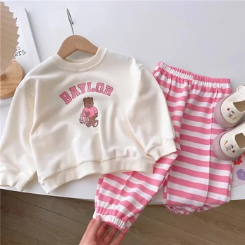 Комплект детской одежды, весенне-осенние штаны-свитер с милым медведем для девочек, комплект детских свитеров из 2 предметов