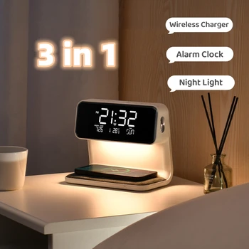 Креативная Прикроватная лампа 3 В 1 с беспроводной зарядкой, будильник с ЖК-экраном, Беспроводное зарядное устройство для телефона Iphone