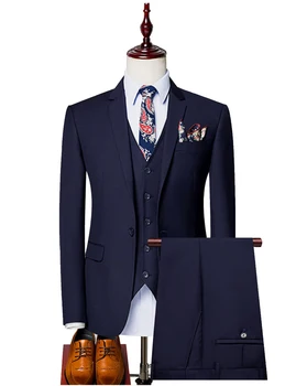 Мужские костюмы Классический комплект из трех предметов, приталенный Королевский синий Свадебный костюм жениха, Мужской костюм черного цвета для джентльменов на заказ (Блейзер + Брюки + Жилет + галстук)