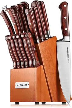 Набор кухонных ножей из 15 предметов с блоком, Ножи из нержавеющей стали, точилка, ножницы для птицы (классический Pakkawood)