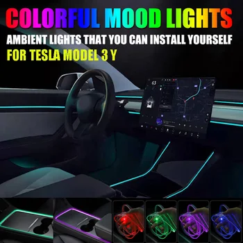 Неоновая подсветка салона Tesla Model 3 Y, Подсветка приборной панели Центральной консоли, рассеянное освещение, волоконно-оптическая лента RGB с управлением через приложение