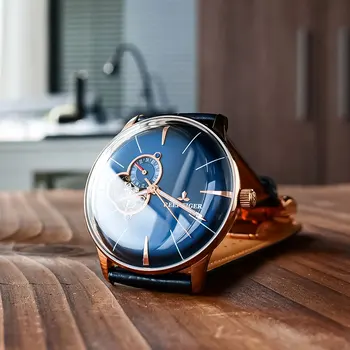 Новые дизайнерские повседневные часы Reef Tiger/RT из розового золота с синим циферблатом, Выпуклые линзы, Автоматические часы для мужчин RGA8239