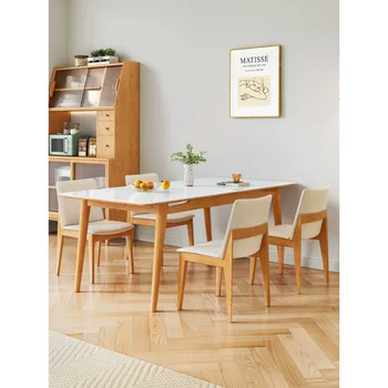 Обеденный стол из массива дерева в скандинавском стиле, прямоугольный, современный минималистичный бытовой, цвет вишневого дерева, светлый, роскошный, яркий стол и стул