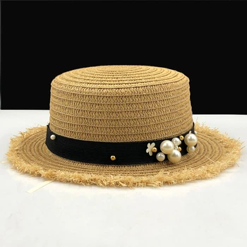 прекрасная соломенная шляпа с плоским верхом, летние весенние женские кепки для отдыха, жемчужные пляжные шляпы от солнца, черная дышащая модная шляпа для девочки в цветочек