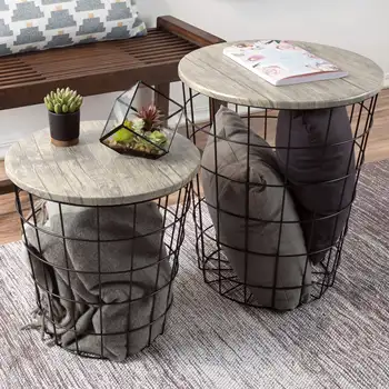 Приставной столик с местом для хранения - Набор из 2 складных круглых металлических корзин для хранения, основание из шпона, столешница - акцент, приставной столик