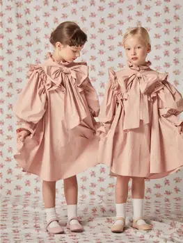 Розовое платье для маленьких девочек, весна-осень, повседневная ткань, В наличии, простые платья трапециевидной формы с бантом для девочек, Детская милая верхняя одежда для вечеринок