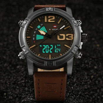 Роскошные Мужские часы бренда NAVIFORCE С двойным дисплеем, Мужские Военные спортивные Кварцевые часы с подсветкой, кожаные Relogio Masculino