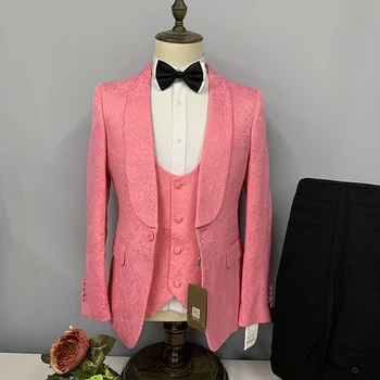 Роскошный Блейзер 2023, Мужской комплект Розового цвета с принтом, Повседневный Свободный Праздничный Свадебный Комплект из 3 предметов (куртка + брюки + жилет)