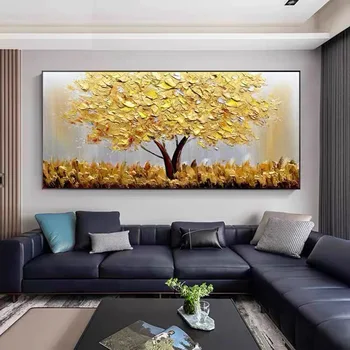 Ручная роспись ножом Золотое дерево Картина маслом на холсте Большая палитра 3D картин Для гостиной Современные абстрактные настенные художественные картины