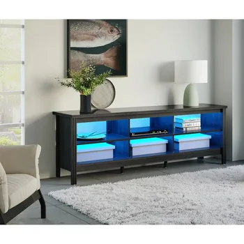 Светодиодная подставка для телевизора с плоским экраном 75 дюймов, Светодиодная деревянная медиа-консоль, Шкаф для хранения, Развлекательный центр с 6 открытыми полками