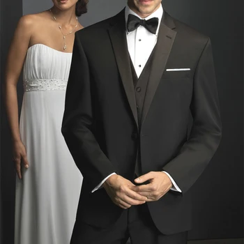 Сшитый по индивидуальному заказу мужской костюм на заказ, черный свадебный костюм с атласным отворотом, мужские смокинги (пиджак + Брюки + Жилет + галстук + квадрат)