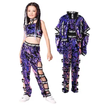 Танцевальный костюм для девочек с блестками в стиле хип-хоп, Джаз, Уличные танцы, Укороченные топы, Брюки, Наряды, Детская танцевальная одежда Фиолетового цвета