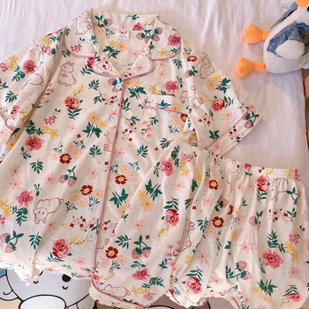 Хлопковая пижама с милым кроликом, женские летние тонкие шорты с коротким рукавом, Корейская версия, Милая Домашняя одежда с цветочным Рисунком, ночной костюм