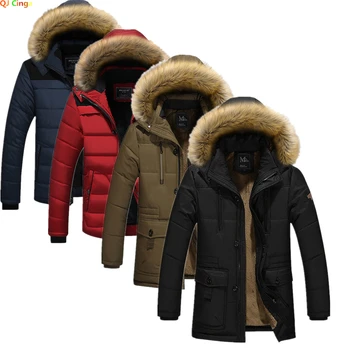Черные Парки с капюшоном, куртка из искусственного меха, меховой воротник, Мужские зимние толстые пальто, Модная теплая Верхняя одежда, Мужское пальто, сине-красная жакета