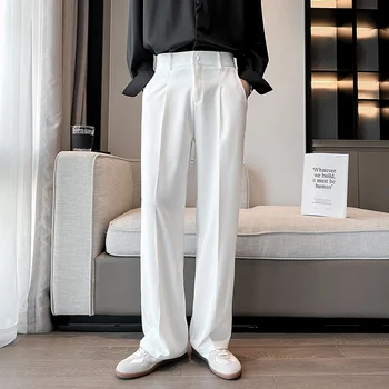 Черные, серые, Белые Костюмные Брюки, Мужские Облегающие Модные Социальные мужские Модельные брюки, Корейские повседневные Прямые брюки, Мужские офисные официальные брюки